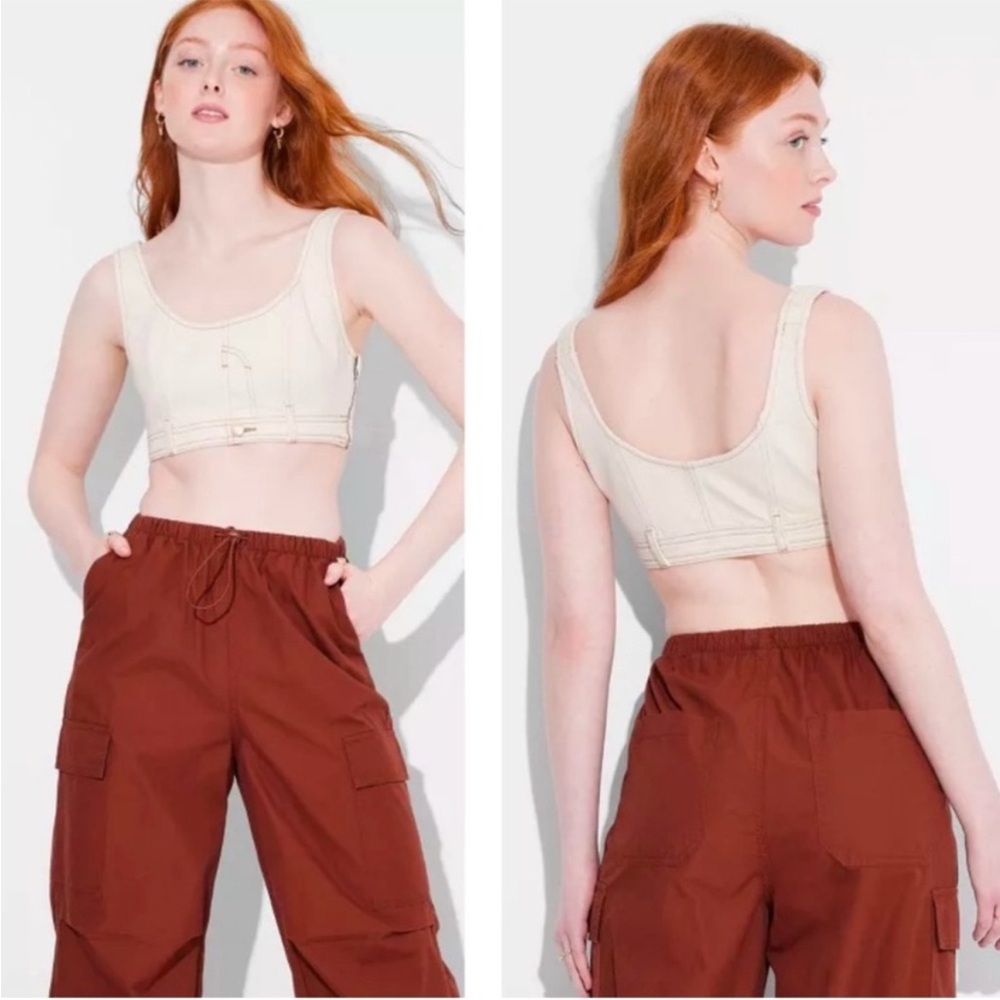 Wild Fable Denim Reworked Tiny Vest Crop Top Cream Size Small | NWT